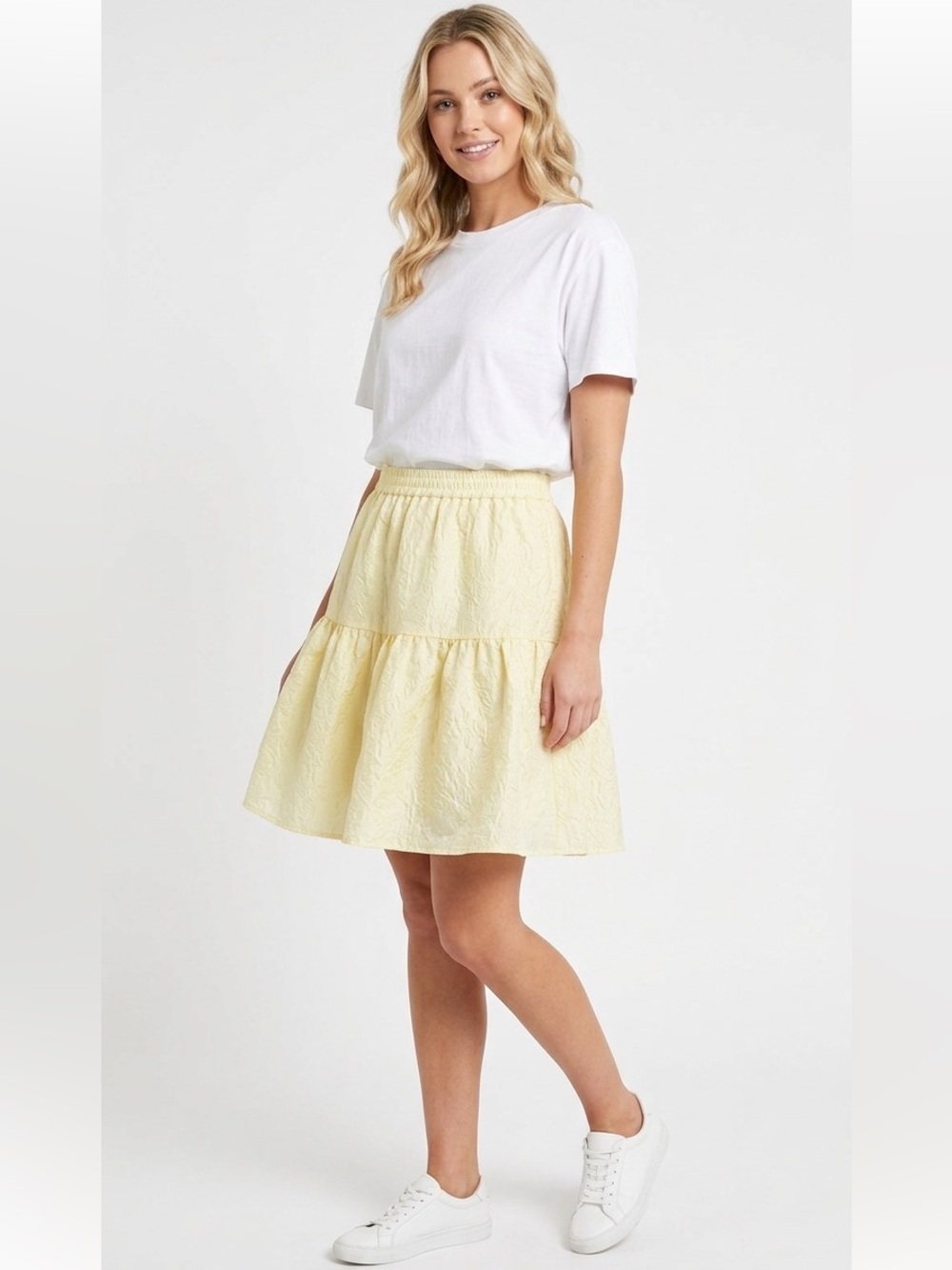 Bardot Yellow Pastel Textured Tiered Brocade Pleated Mini Skirt Sz 6 Cottagecore